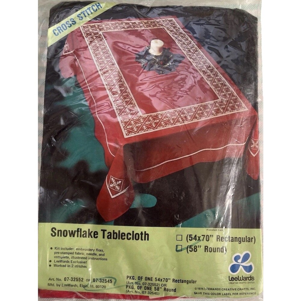 Vtg 1976 Leewards Cross Stitch Snowflake Red Tablecloth Kit 58” Round New